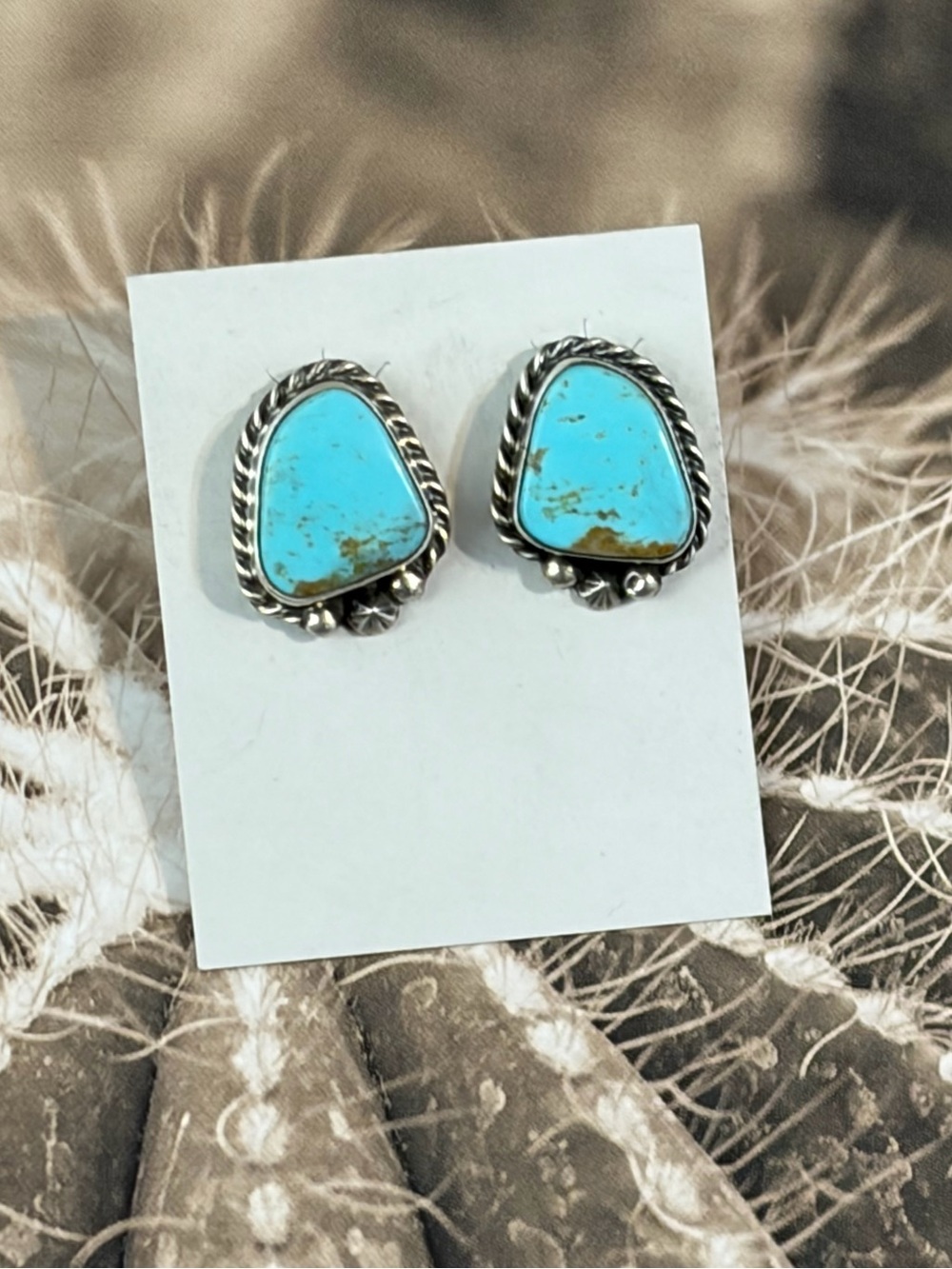 Native Navajo Chassity Belone Kingman Turquoise Earrings 925 Sterling Silver